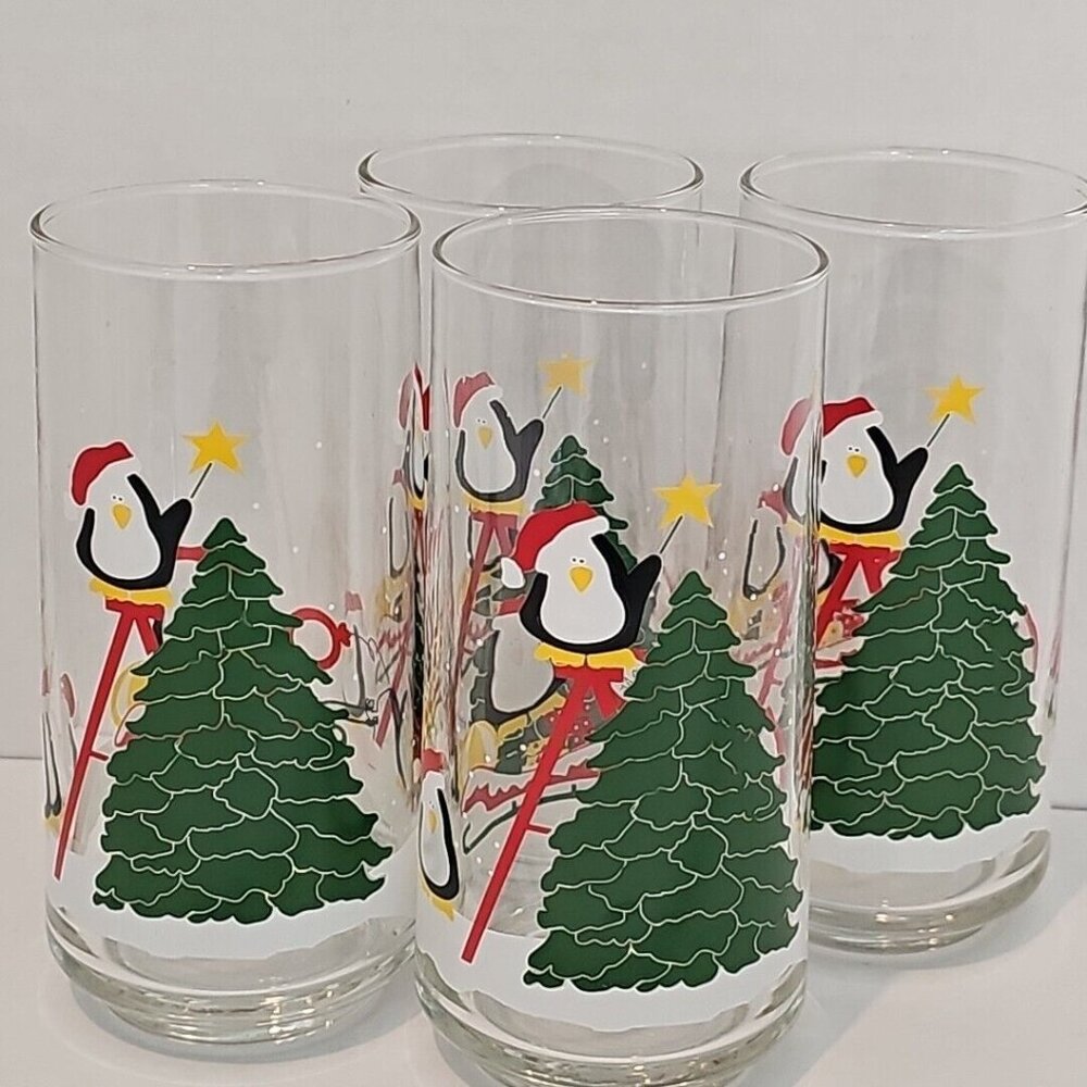 Christmas Tree & Penguins Glass Tumbler 6" holiday Santa hat 14oz set of 4 - Picture 10 of 10